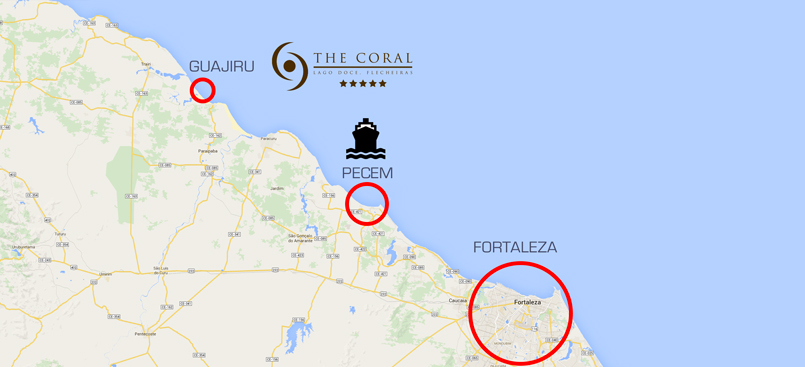 Map showing distance from Pecem to Fortaleza and The Coral